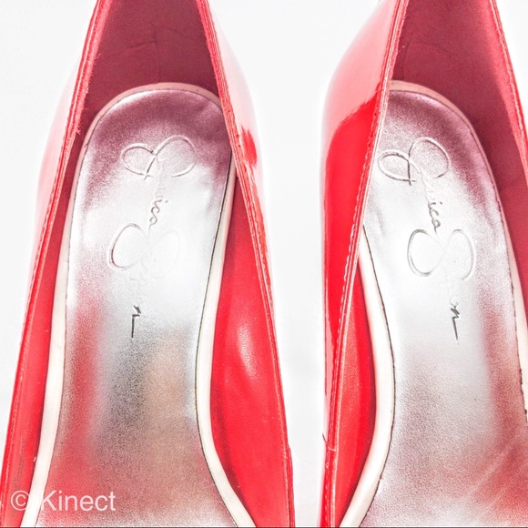 J. Simpson Red Patent Peep Toe Cork Stiletto Heels - Picture 4 of 8